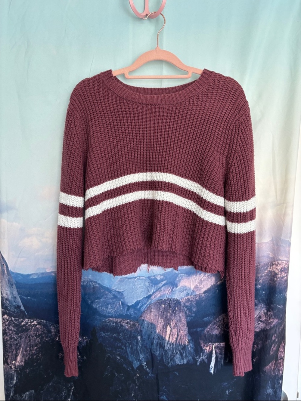 Rhapsody Mauve Cropped Crewneck Sweater with White Stripes